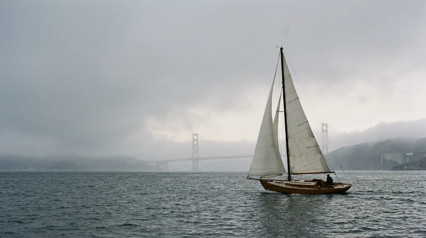 A classic wooden sloop under sail on San Francisco Bay, the Golden Gate Bridge in fog behind
