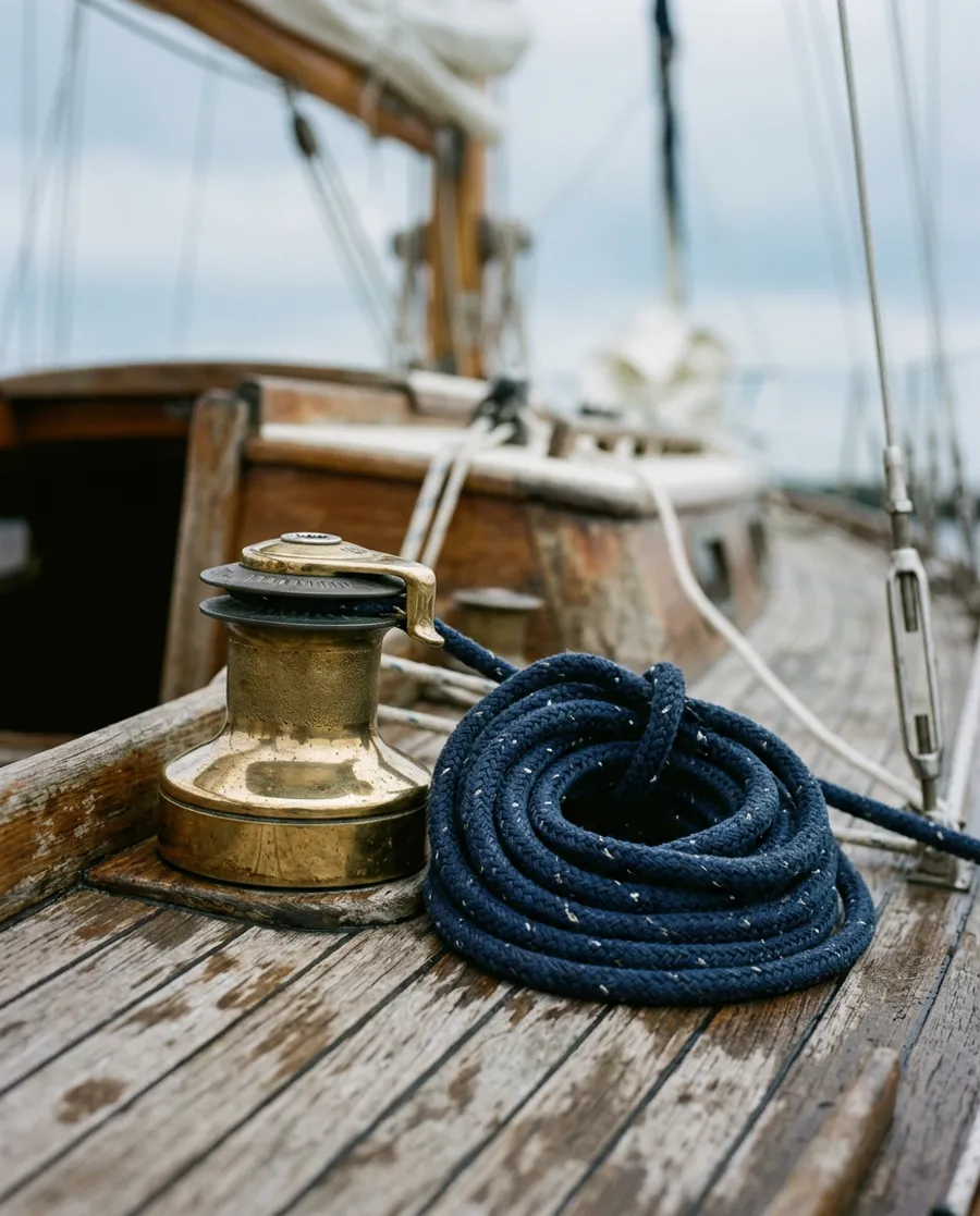 A brass winch and coiled navy line on a teak deck